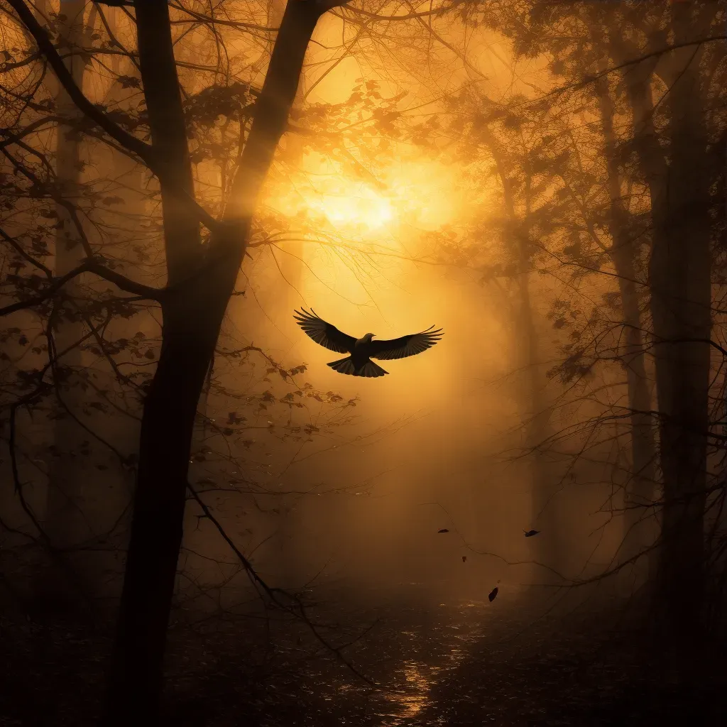 Bird flying out of a dark forest towards golden sunrise - Image 3