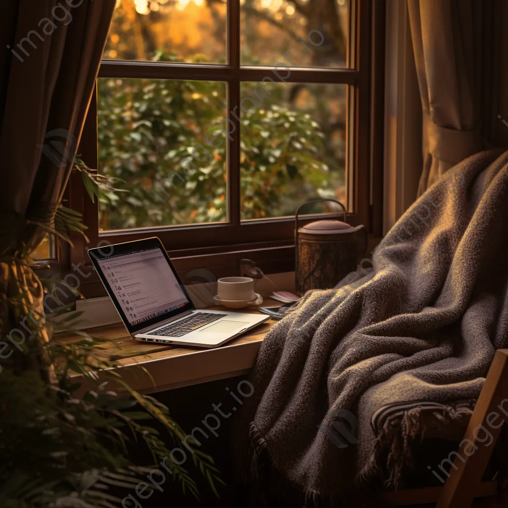 Cozy nook with laptop and blanket by window - Image 1