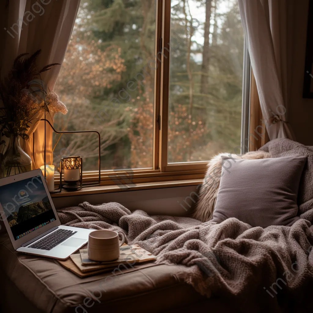 Cozy nook with laptop and blanket by window - Image 2