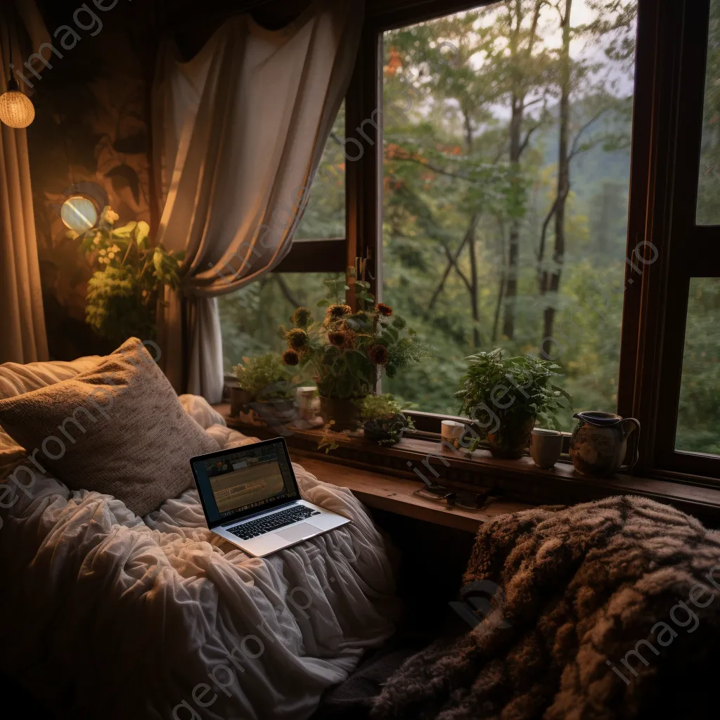 Cozy nook with laptop and blanket by window - Image 3