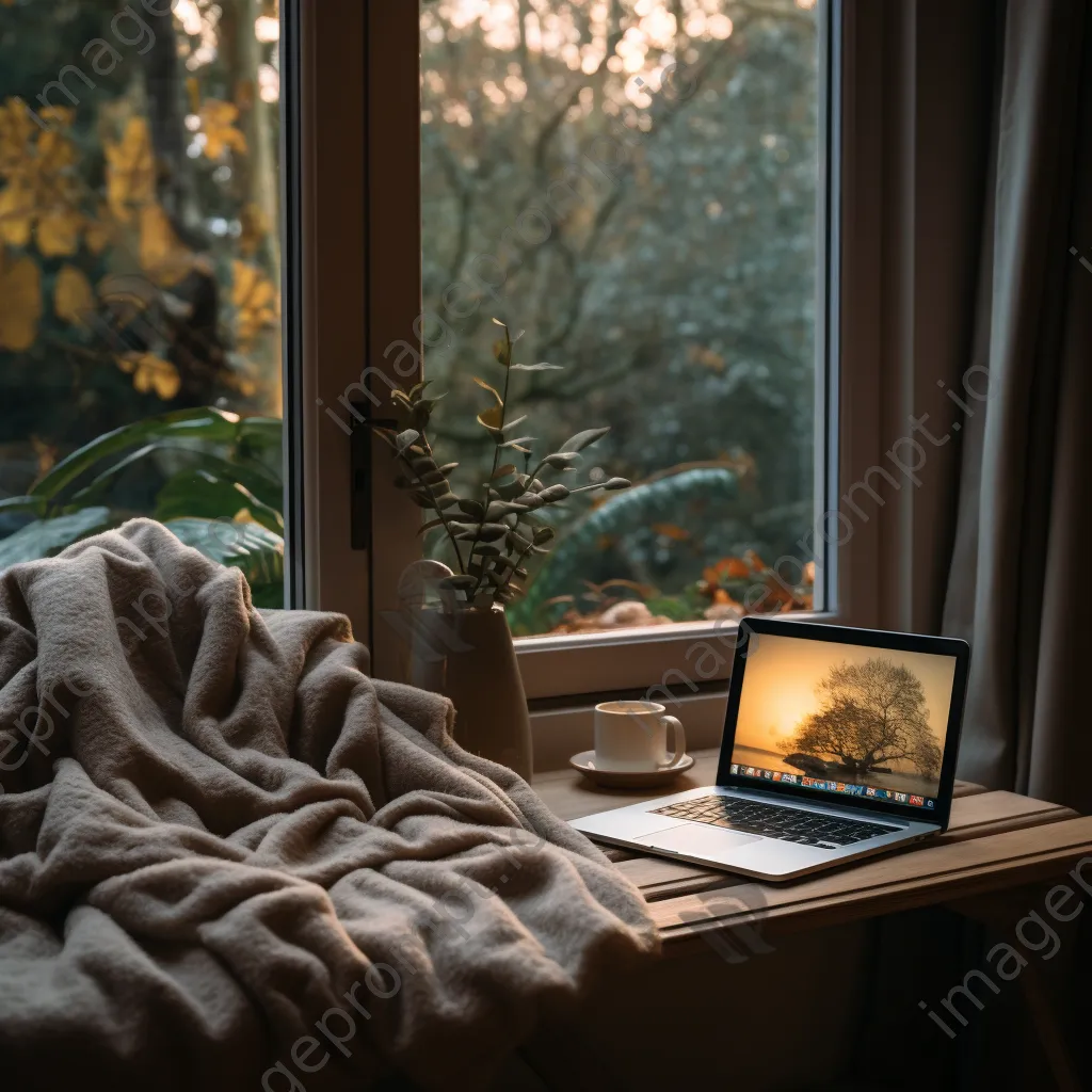 Cozy nook with laptop and blanket by window - Image 4