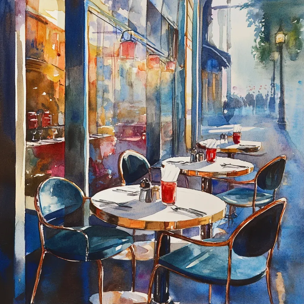 Early morning at a city cafe captured in watercolor - Image 1