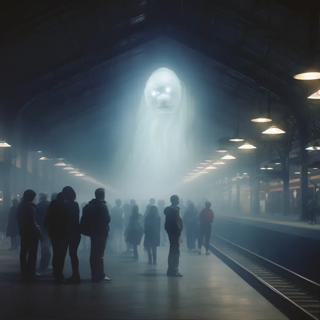 Spectral train station with ethereal train and ghostly passengers - Image 1