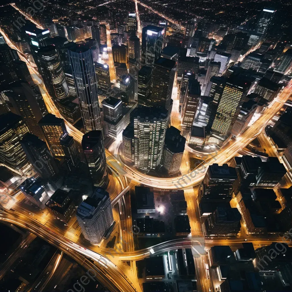 Aerial view of urban cityscape at night with glowing lights - Image 1