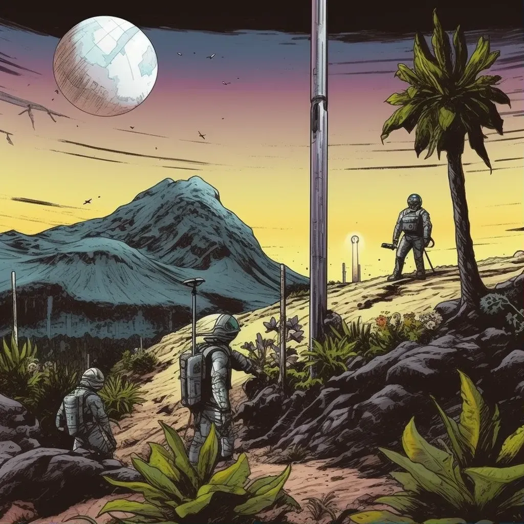 Illustration of astronauts planting a flag on a lush exoplanet under twin moons - Image 1