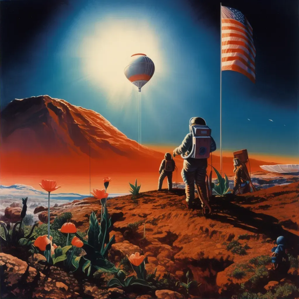 Illustration of astronauts planting a flag on a lush exoplanet under twin moons - Image 2