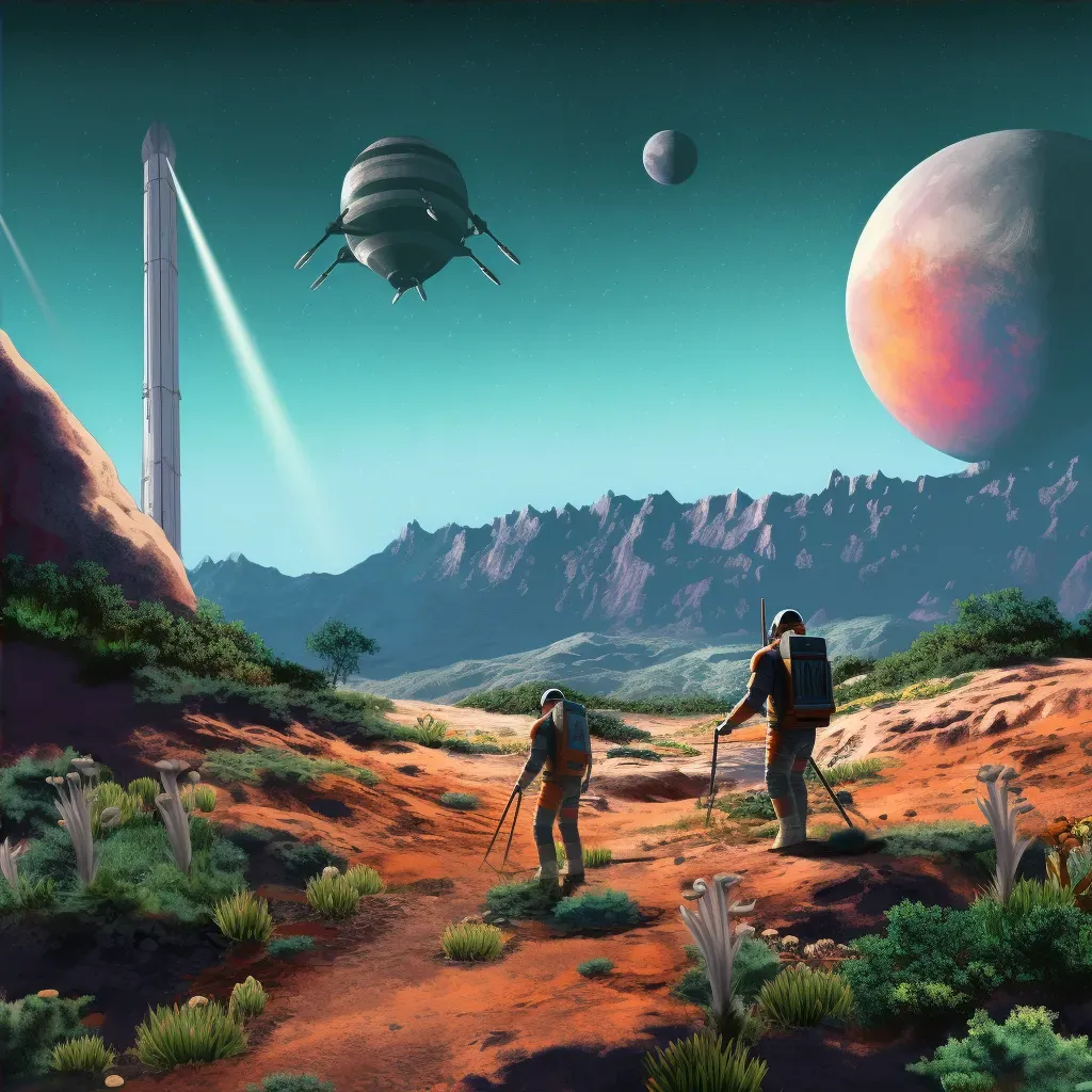 Illustration of astronauts planting a flag on a lush exoplanet under twin moons - Image 4