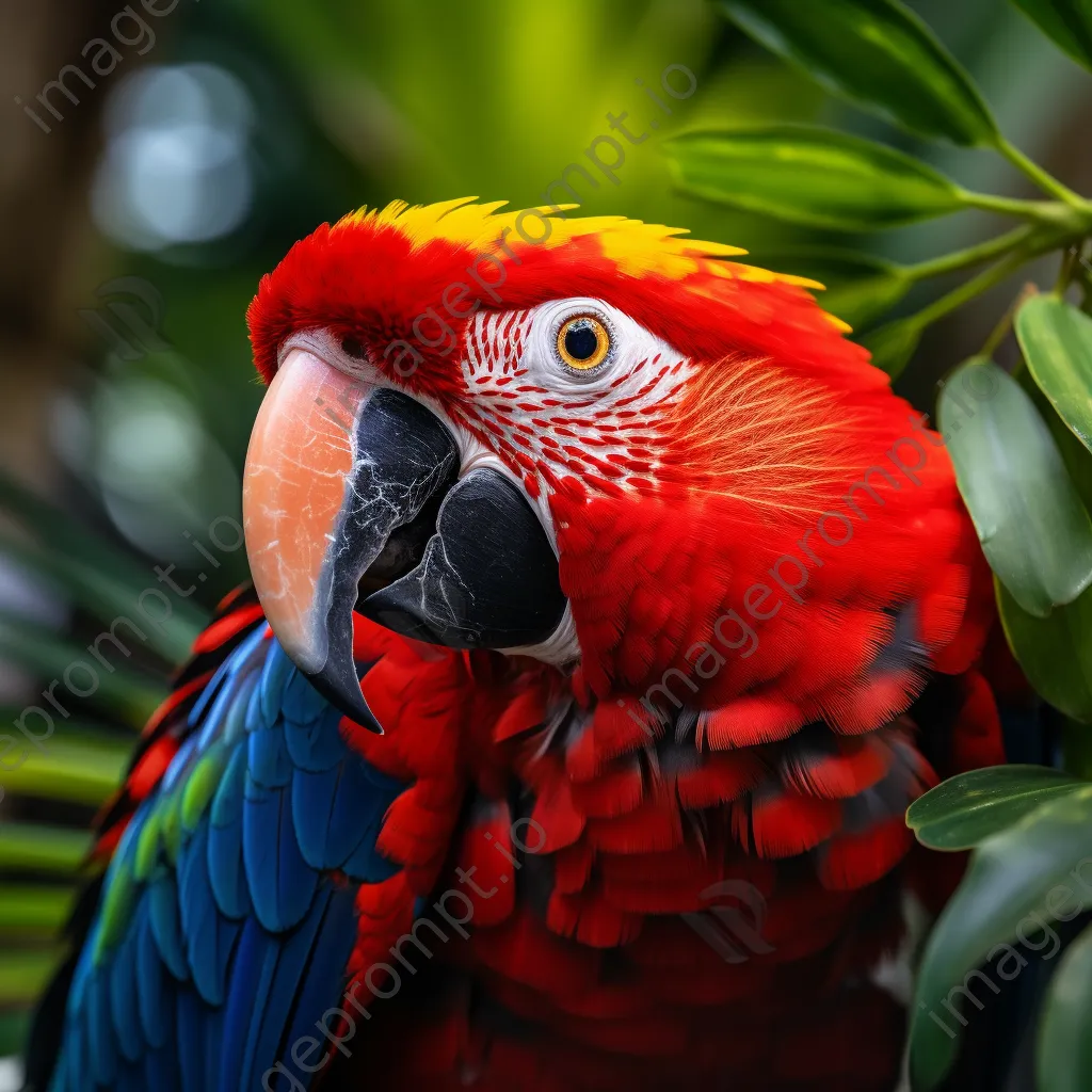 Colorful parrot perched on a branch surrounded by leaves. - Image 1