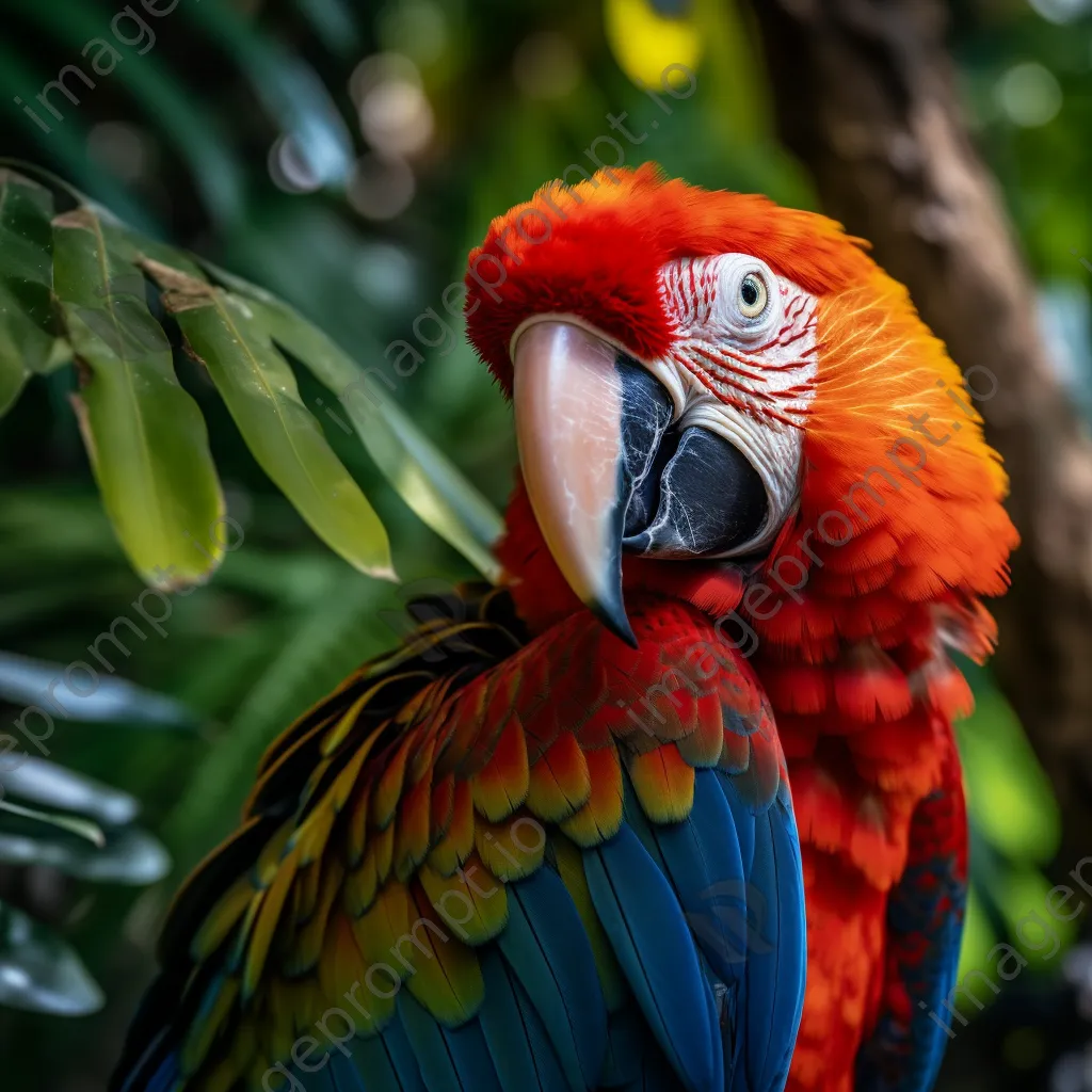 Colorful parrot perched on a branch surrounded by leaves. - Image 4