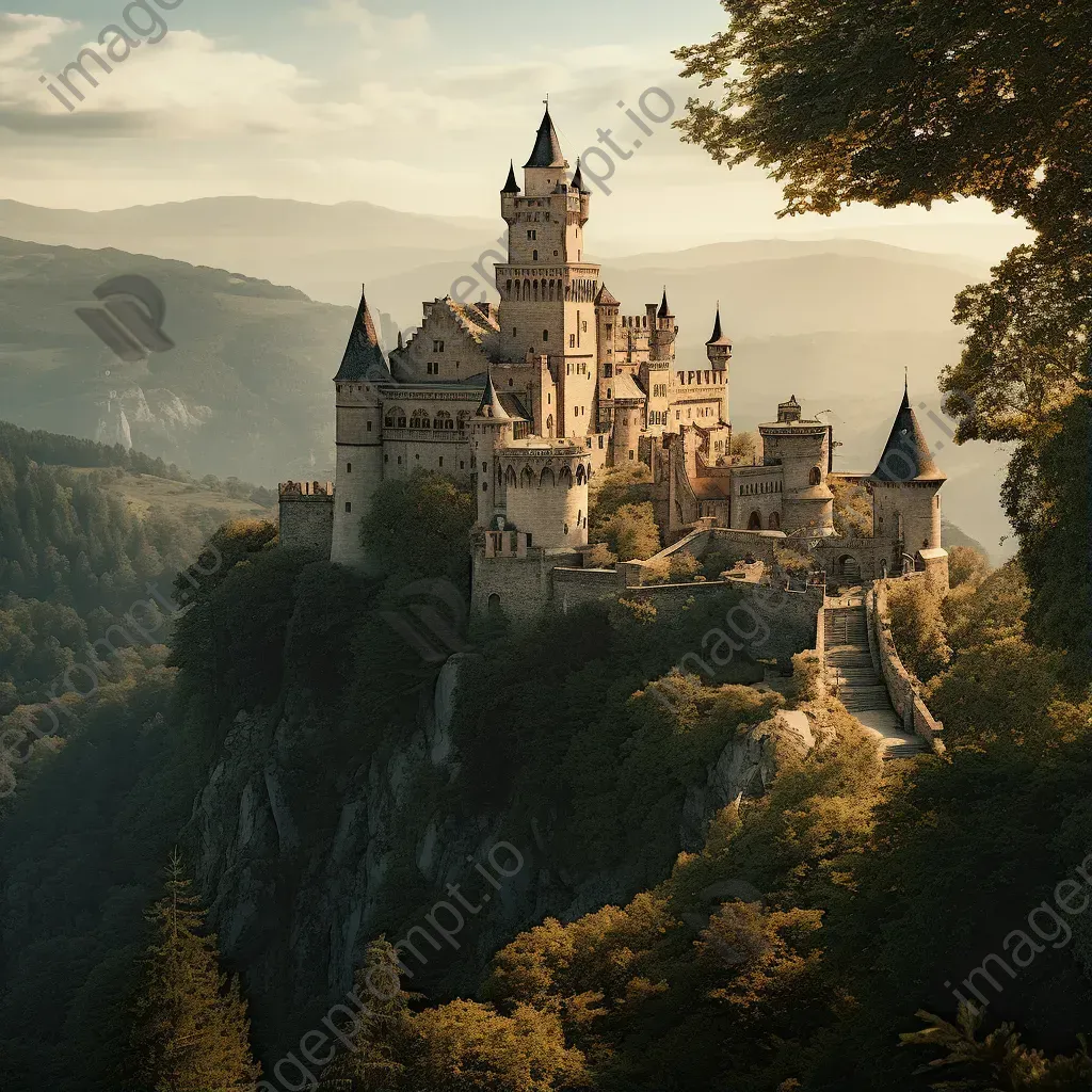 Medieval castle on hilltop with turrets - Image 1