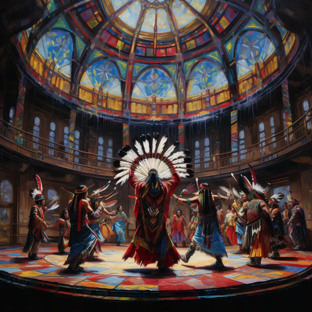 Illustration of a traditional Native American powwow dance with dancers in vibrant regalia performing in a circle - Image 1