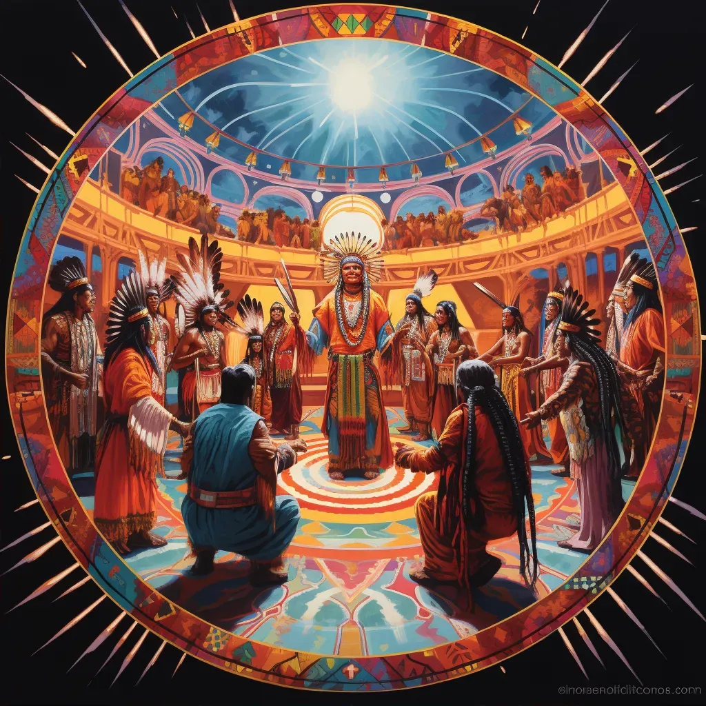 Illustration of a traditional Native American powwow dance with dancers in vibrant regalia performing in a circle - Image 2