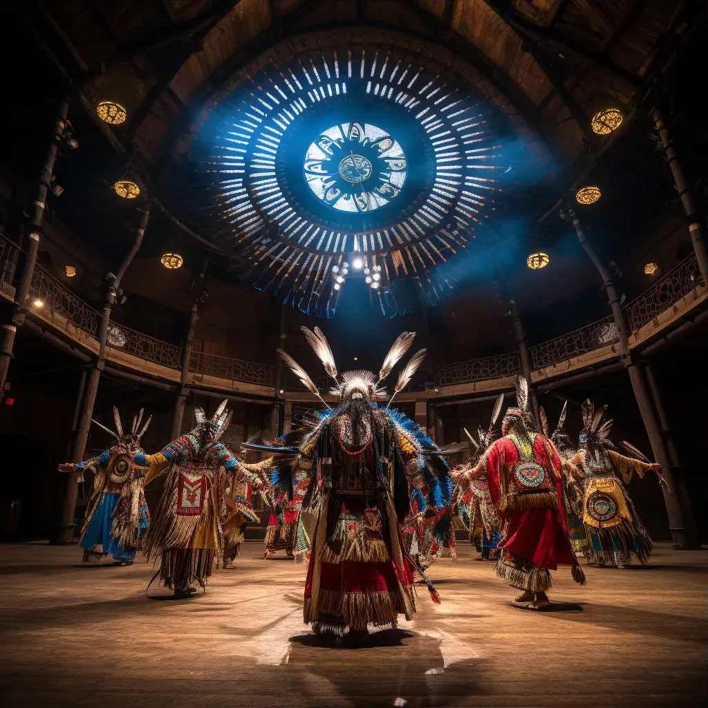 Illustration of a traditional Native American powwow dance with dancers in vibrant regalia performing in a circle - Image 3