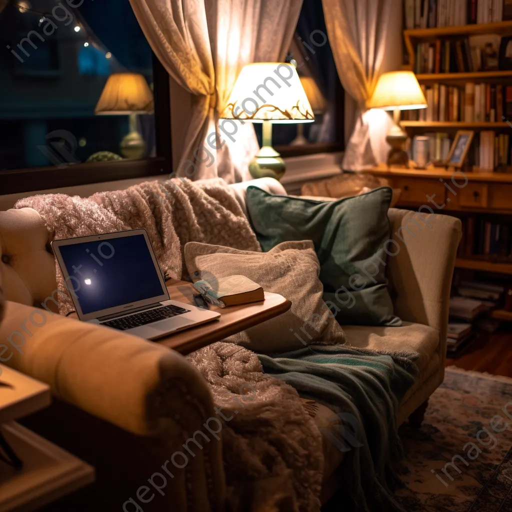 Cozy study area with an open laptop and soft lighting. - Image 1