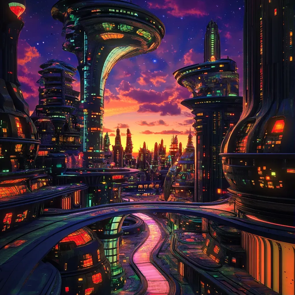 Comic-style alien cityscape in vibrant twilight colors - Image 1