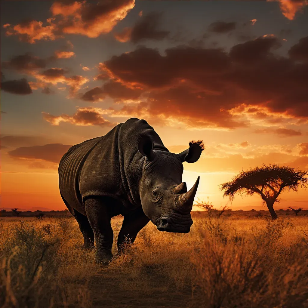 Black Rhino grazing in African plains with vibrant sunset - Image 4