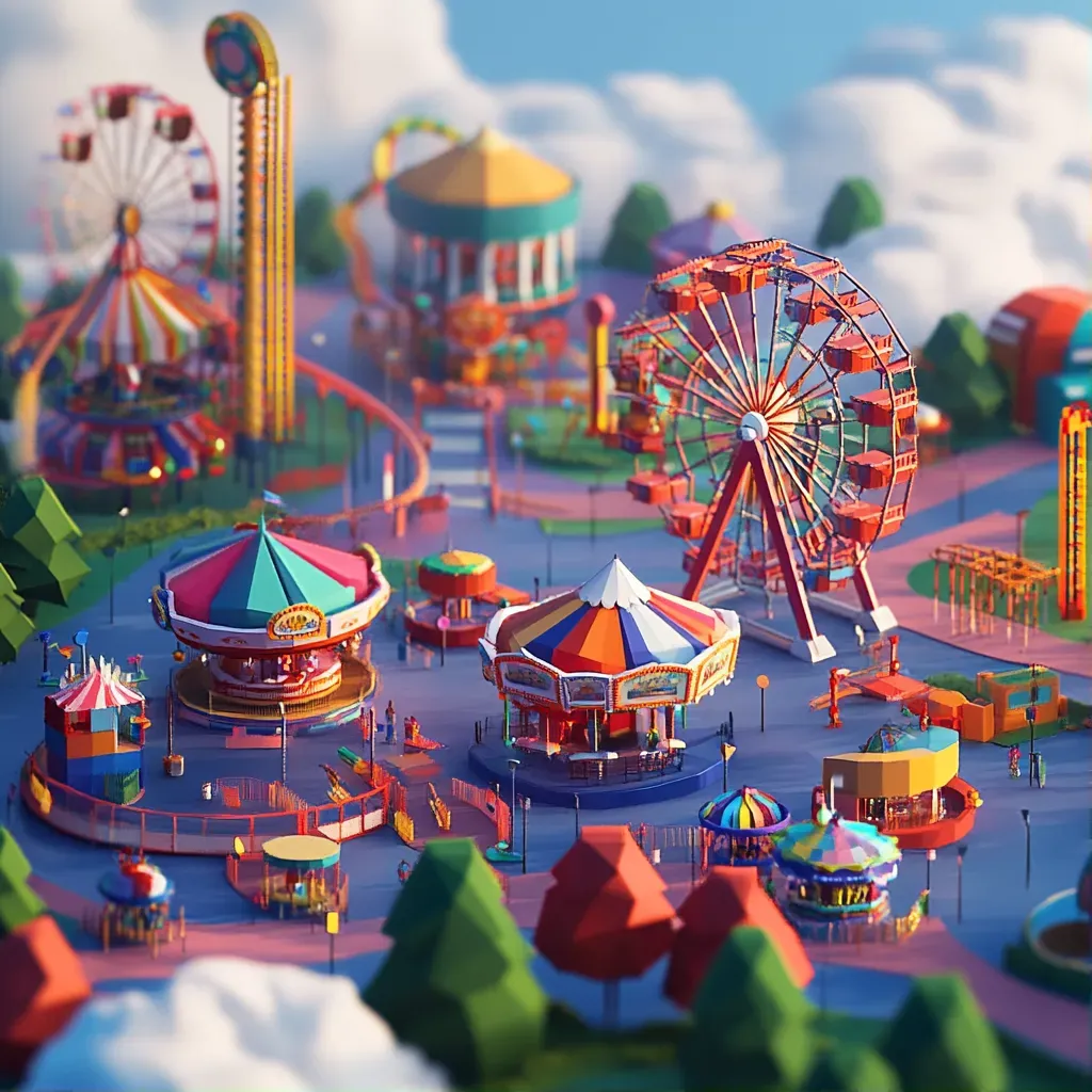 Low poly and isometric view of a whimsical amusement park at dawn - Image 1