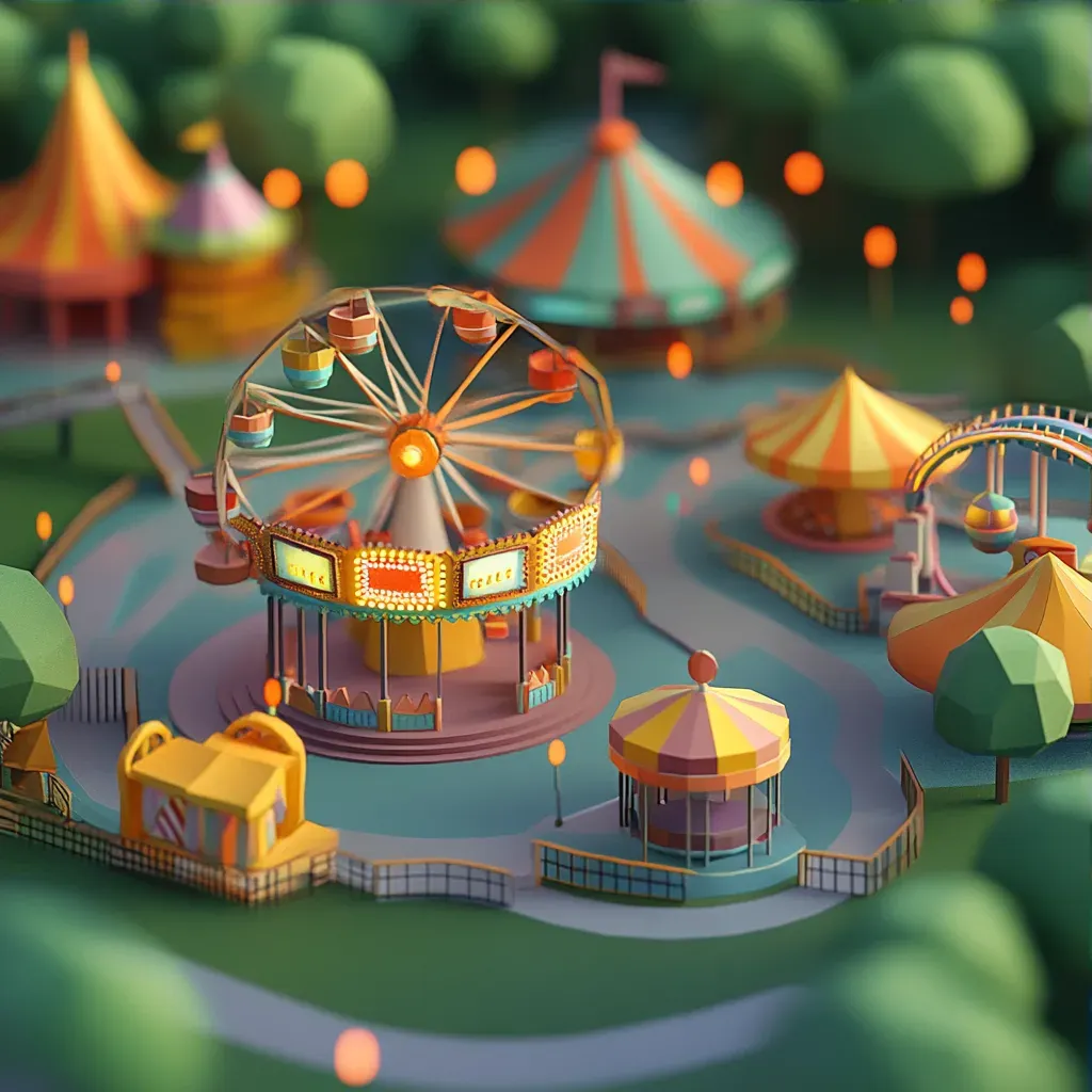 Low poly and isometric view of a whimsical amusement park at dawn - Image 3