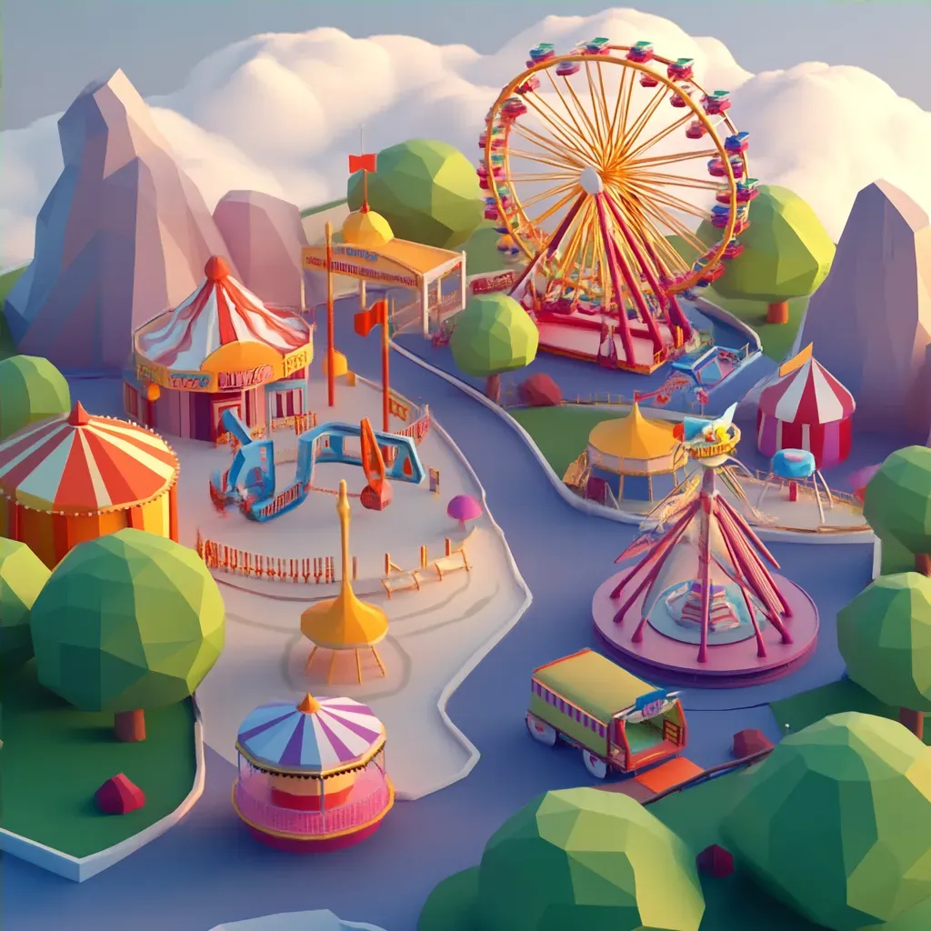 Low poly and isometric view of a whimsical amusement park at dawn - Image 4