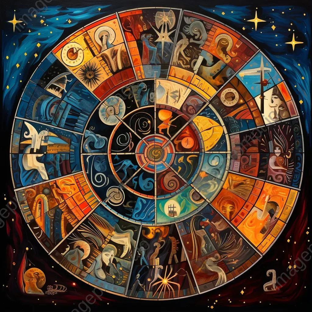 Cubist representation of zodiac wheel with each house depicted as a cosmic event - Image 1