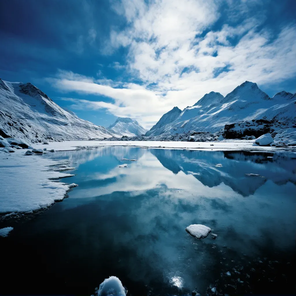 Image of a serene alpine lake reflecting a clear blue sky surrounded by snow-capped mountains - Image 1