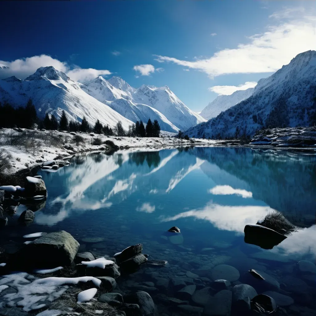 Image of a serene alpine lake reflecting a clear blue sky surrounded by snow-capped mountains - Image 3