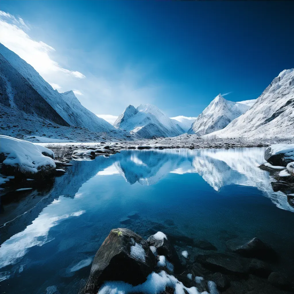 Image of a serene alpine lake reflecting a clear blue sky surrounded by snow-capped mountains - Image 4