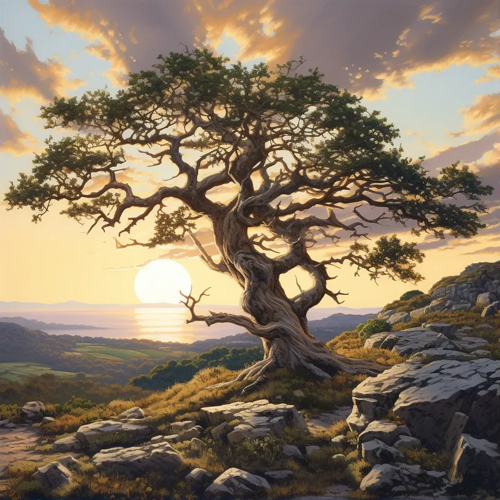 Illustration of an ancient oak tree on a hilltop at sunset - Image 1