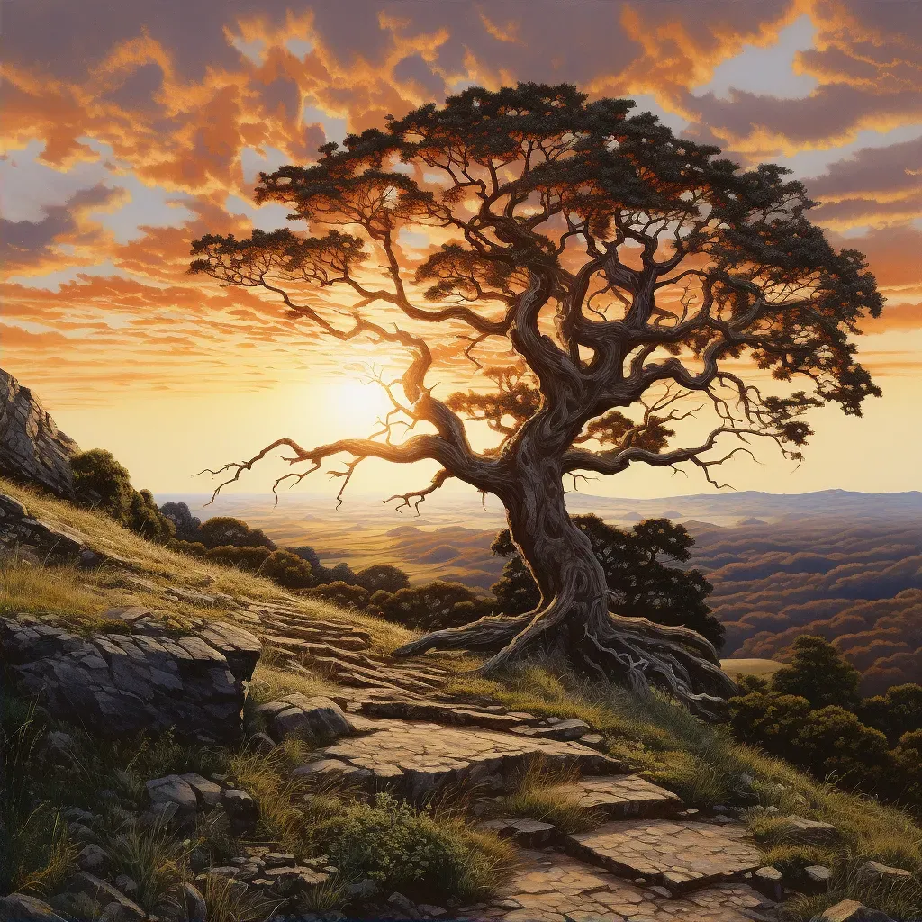 Illustration of an ancient oak tree on a hilltop at sunset - Image 2