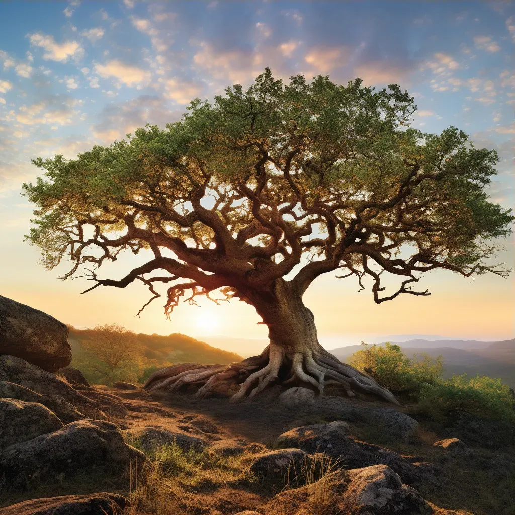 Illustration of an ancient oak tree on a hilltop at sunset - Image 3