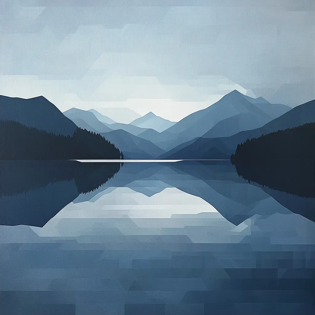 Monochromatic, low poly depiction of a serene lake at twilight - Image 1