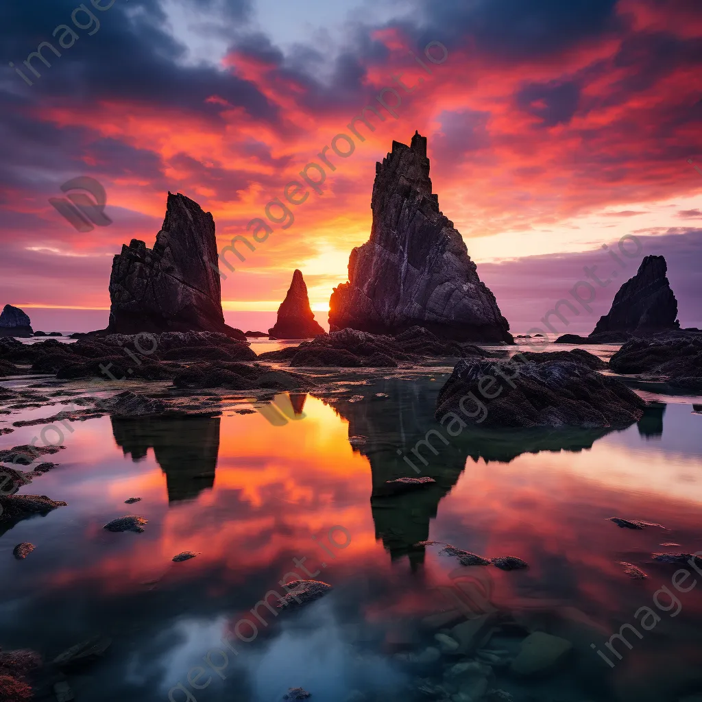 Vibrant sunset behind coastal sea stacks - Image 4