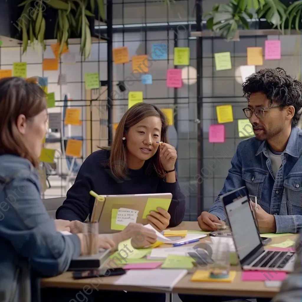 Team brainstorming session with sticky notes and laptops promoting collaboration and communication - Image 1