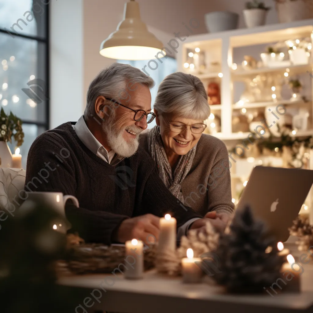 Older couple shopping online on couch - Image 1