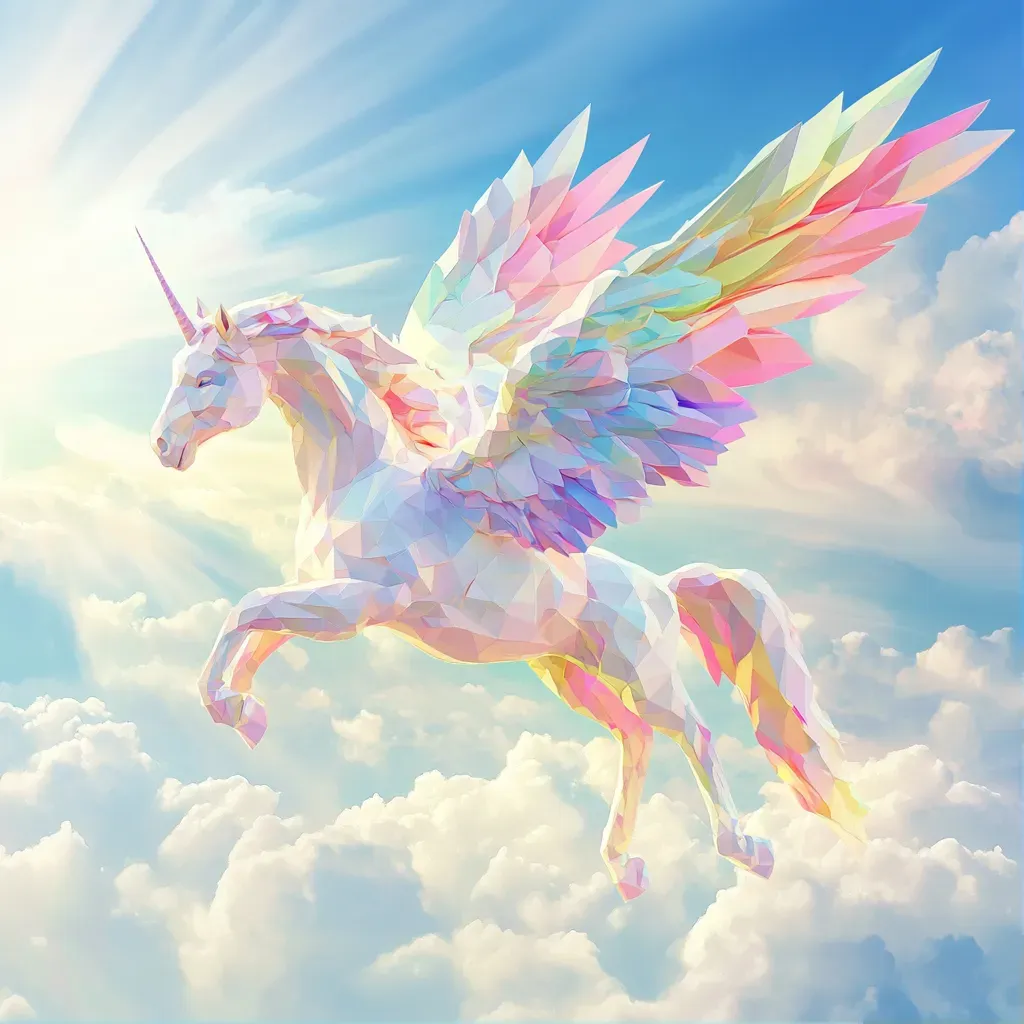 Rainbow colored low poly Pegasus gliding among fluffy clouds - Image 1