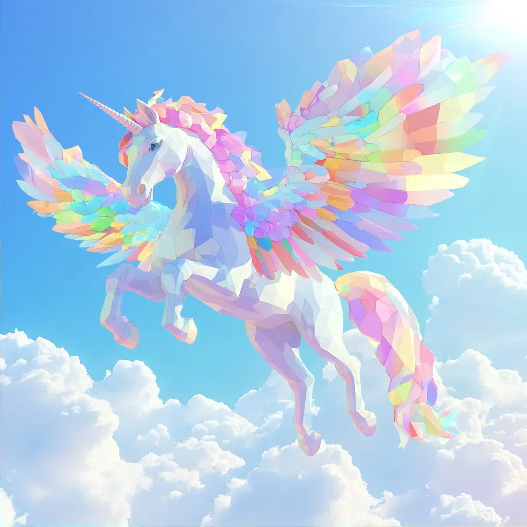 Rainbow colored low poly Pegasus gliding among fluffy clouds - Image 2