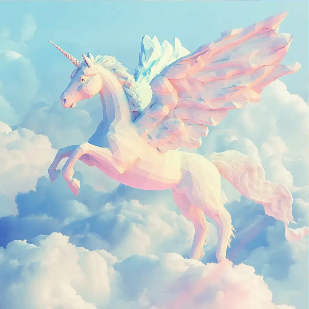 Rainbow colored low poly Pegasus gliding among fluffy clouds - Image 3