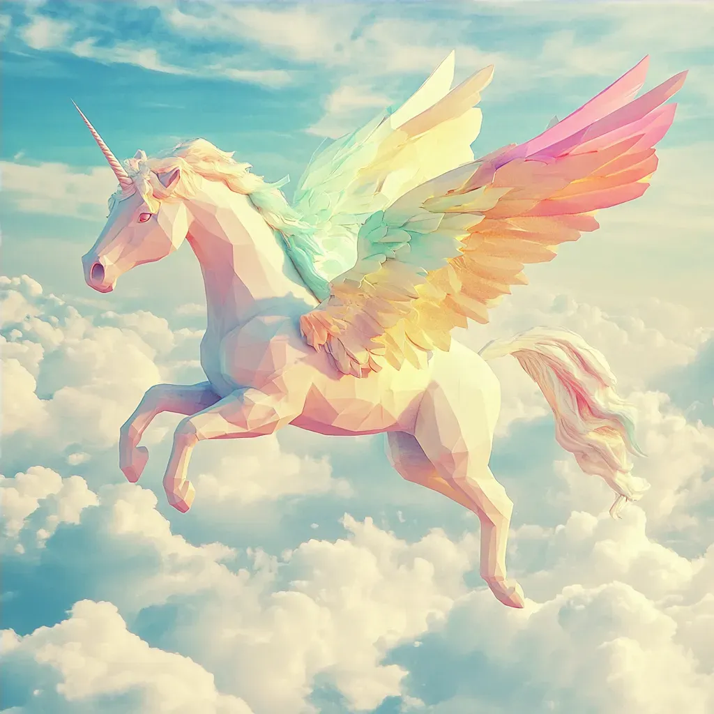 Rainbow colored low poly Pegasus gliding among fluffy clouds - Image 4