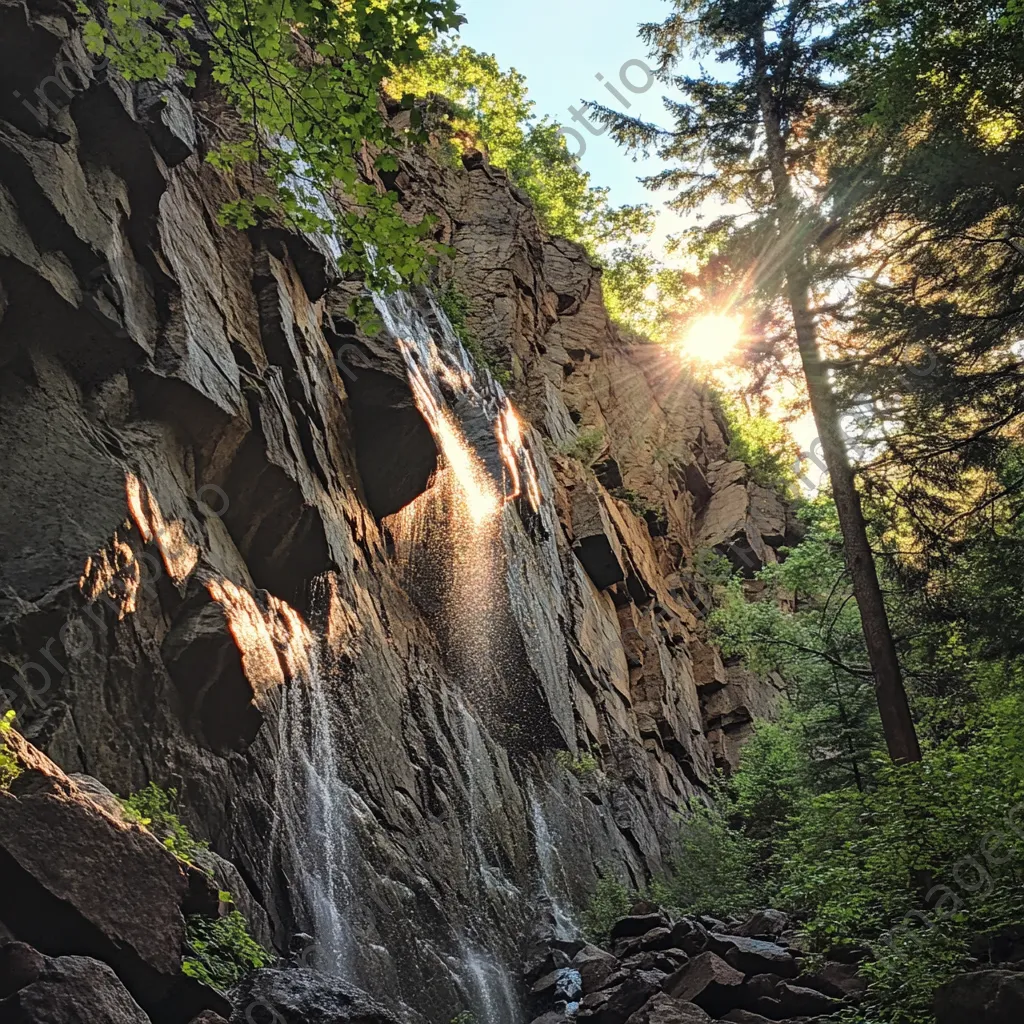 Cascading waterfall beside a steep mountain rock wall. - Image 1