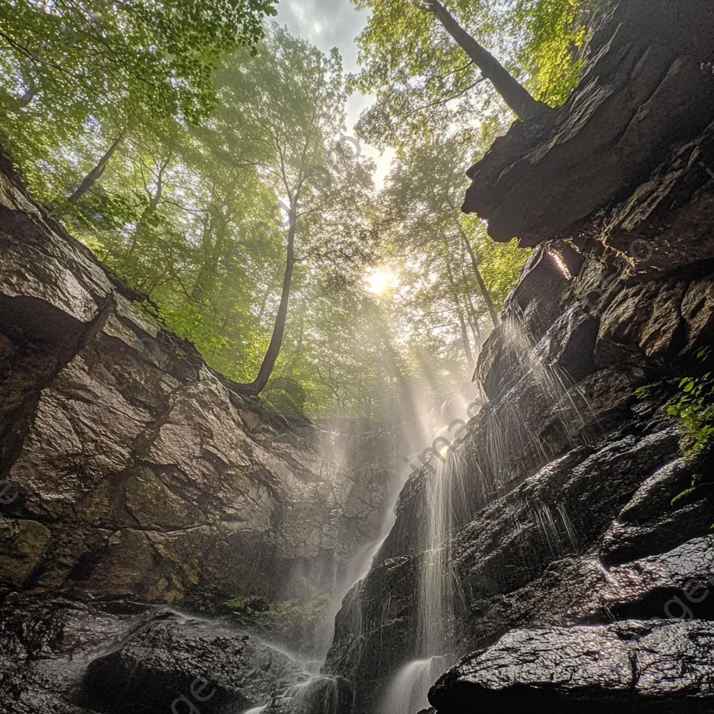 Cascading waterfall beside a steep mountain rock wall. - Image 3