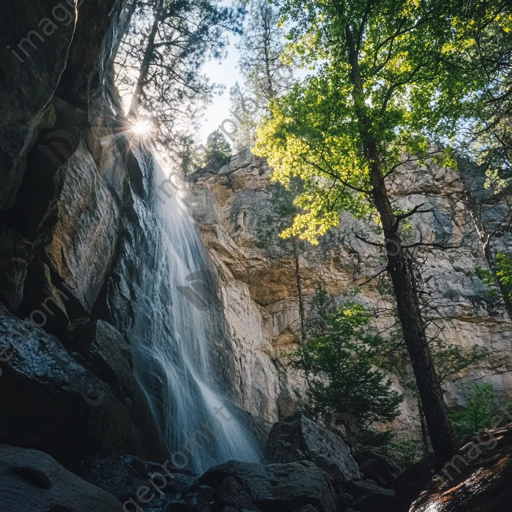 Cascading waterfall beside a steep mountain rock wall. - Image 4