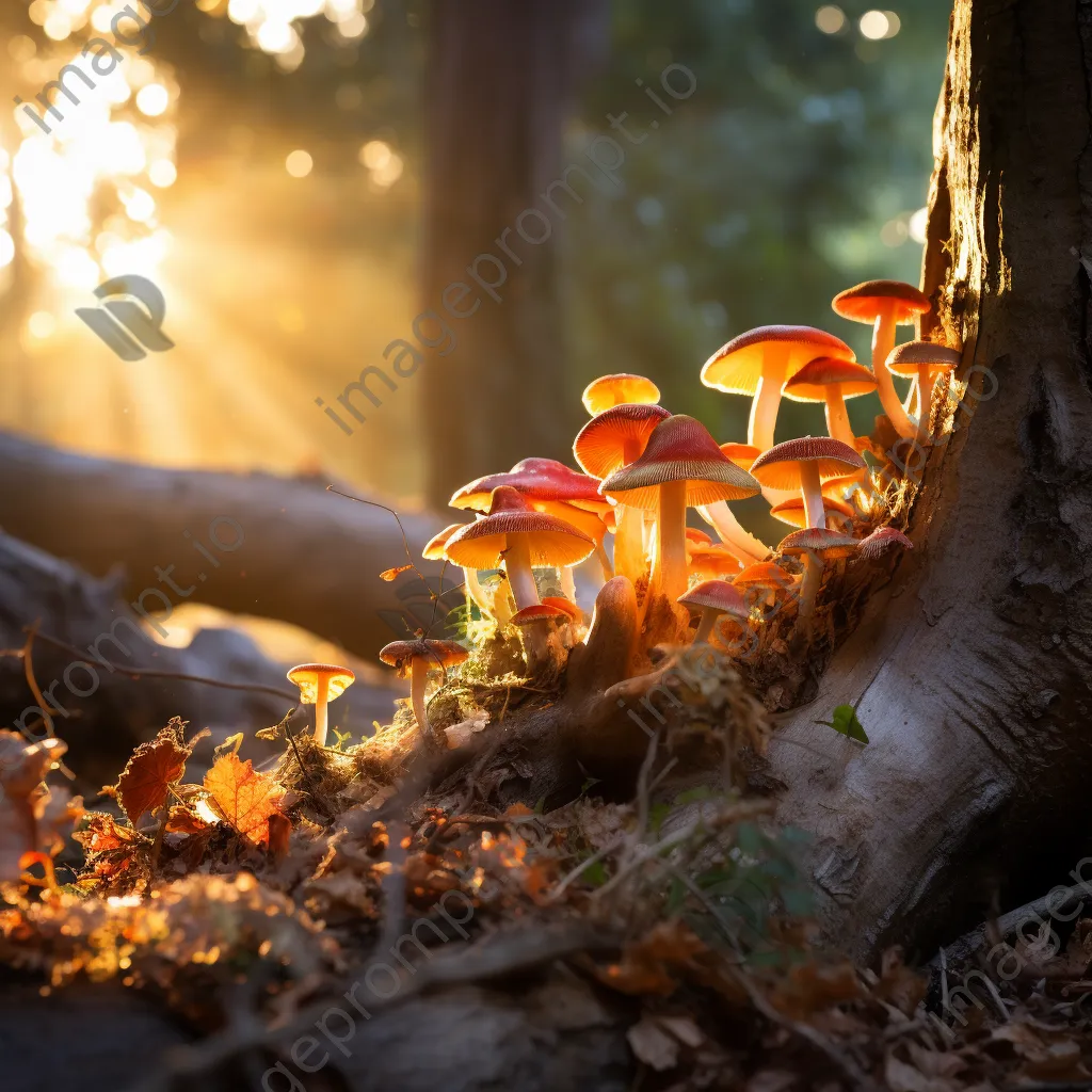 Multi-colored mushrooms at the base of a tree - Image 1