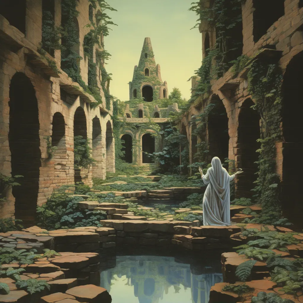 Image of a mystical seer staring into a pool of water among ancient ruins and ivy-covered statues - Image 1