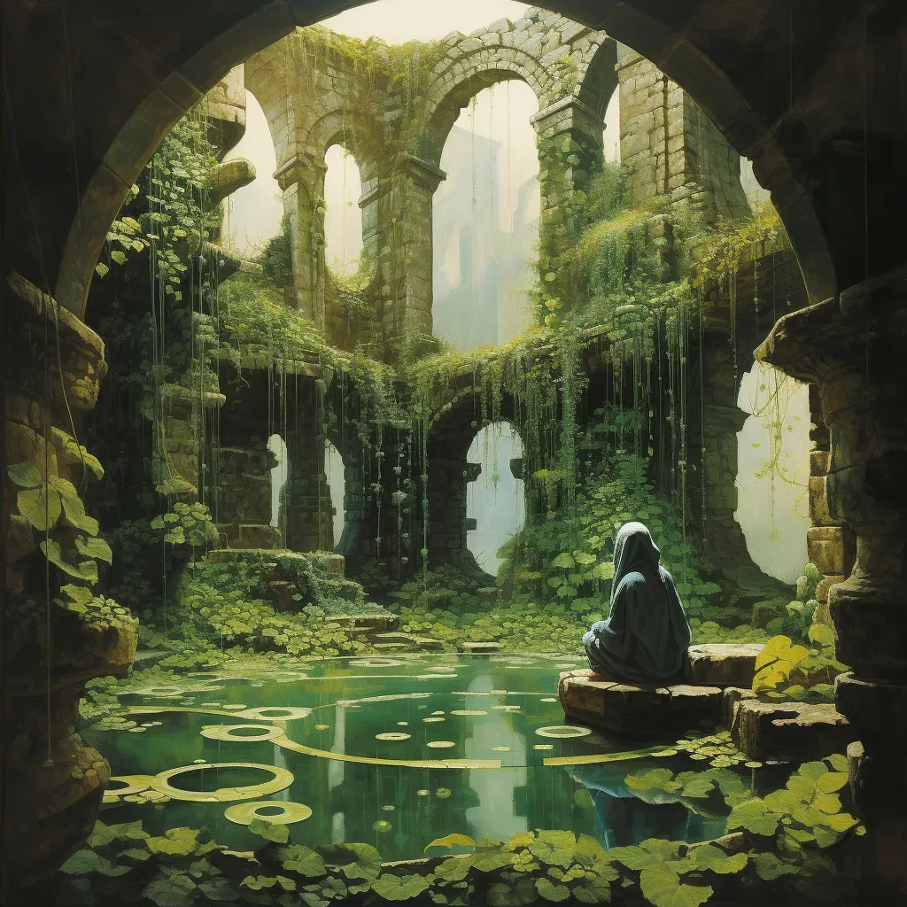 Image of a mystical seer staring into a pool of water among ancient ruins and ivy-covered statues - Image 2