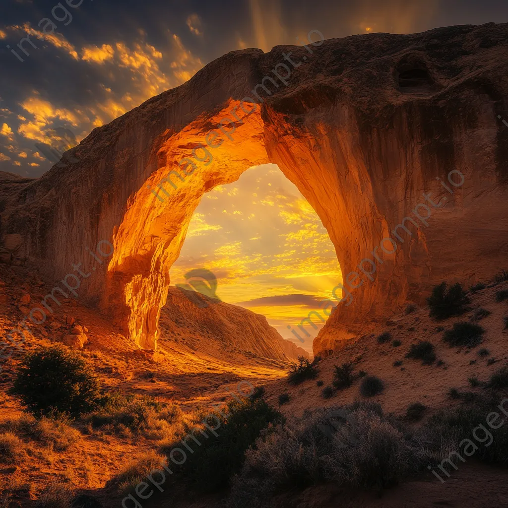 Natural rock arch in a desert illuminated by sunset - Image 1