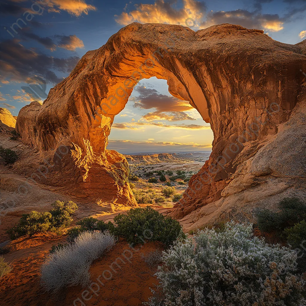 Natural rock arch in a desert illuminated by sunset - Image 4