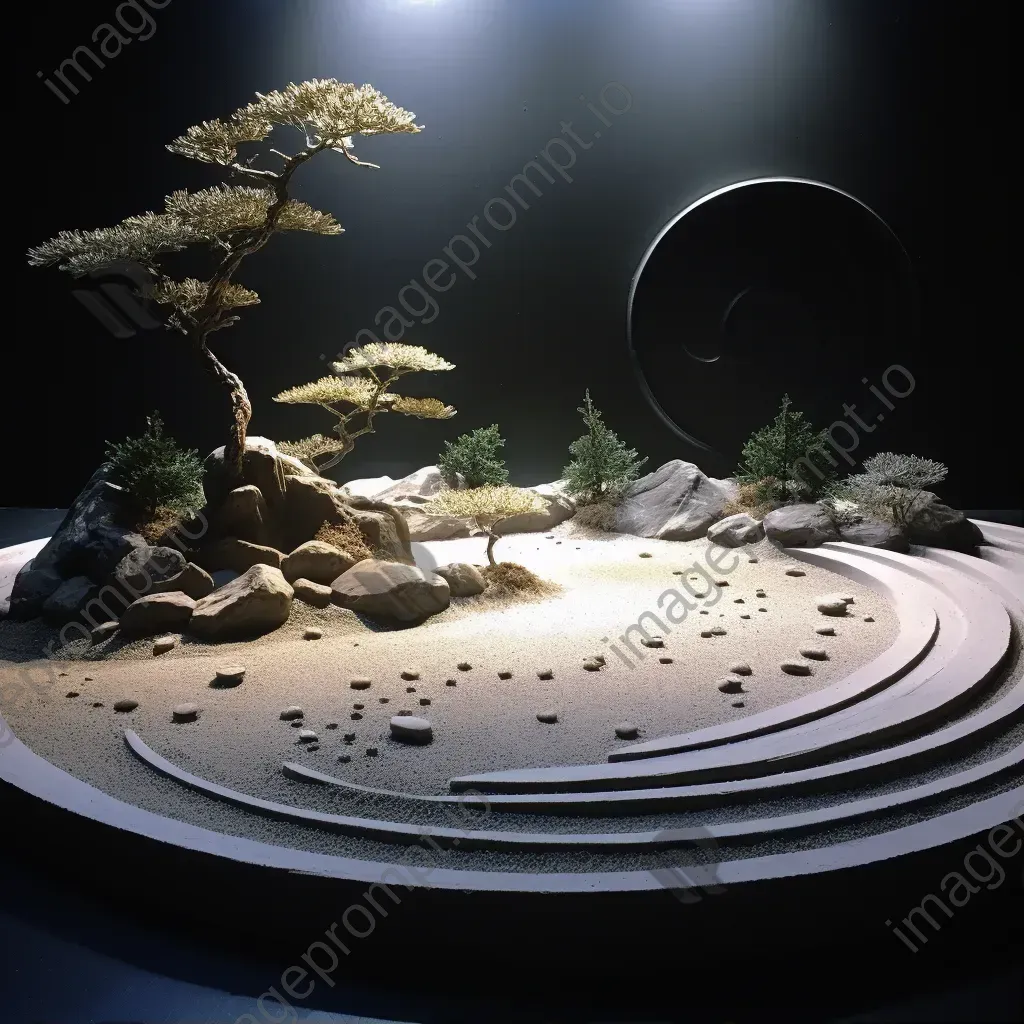 Moonlit Zen garden crafted from salvaged metals, embodying minimalist art aesthetics - Image 1