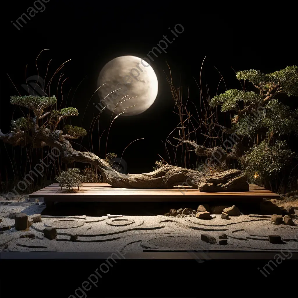 Moonlit Zen garden crafted from salvaged metals, embodying minimalist art aesthetics - Image 2