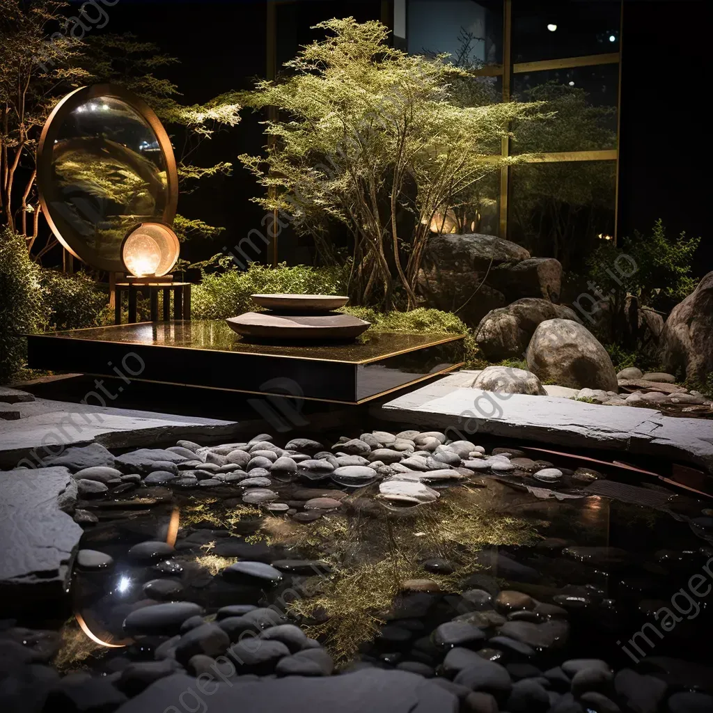 Moonlit Zen garden crafted from salvaged metals, embodying minimalist art aesthetics - Image 3