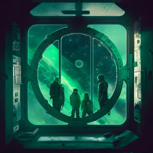 Group of astronauts in a space station observing a green nebula through a large window - Image 1